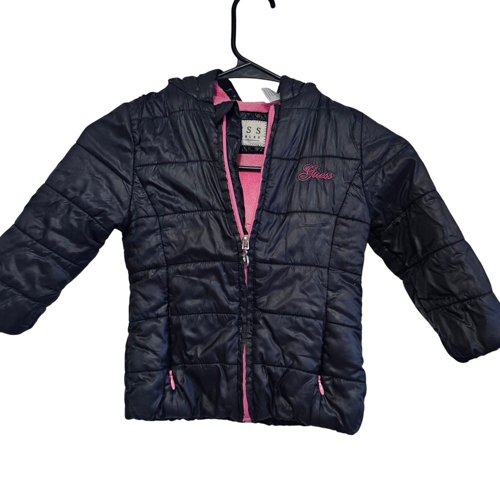 Guess Los Angeles Girls Black Pink Fleece Lined Hooded Puffer Jacket Size 4 S4